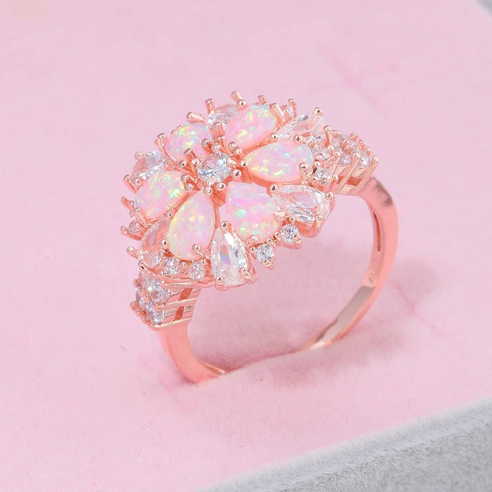 CiNily Flower Opal Ring-Pink Opal Cubic Zirconia CZ Ring 14K Rose Gold Plated Gemstone Promise Engagement Ring for Women (8)