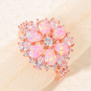 CiNily Flower Opal Ring-Pink Opal Cubic Zirconia CZ Ring 14K Rose Gold Plated Gemstone Promise Engagement Ring for Women (8)