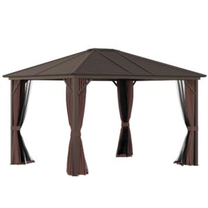 outsunny 10' x 12' hardtop gazebo with curtains and netting, permanent pavilion metal single roof gazebo canopy with aluminum frame and hooks, for garden, patio, backyard, coffee brown