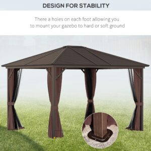 Outsunny 10' x 12' Hardtop Gazebo with Curtains and Netting, Permanent Pavilion Metal Single Roof Gazebo Canopy with Aluminum Frame and Hooks, for Garden, Patio, Backyard, Coffee Brown