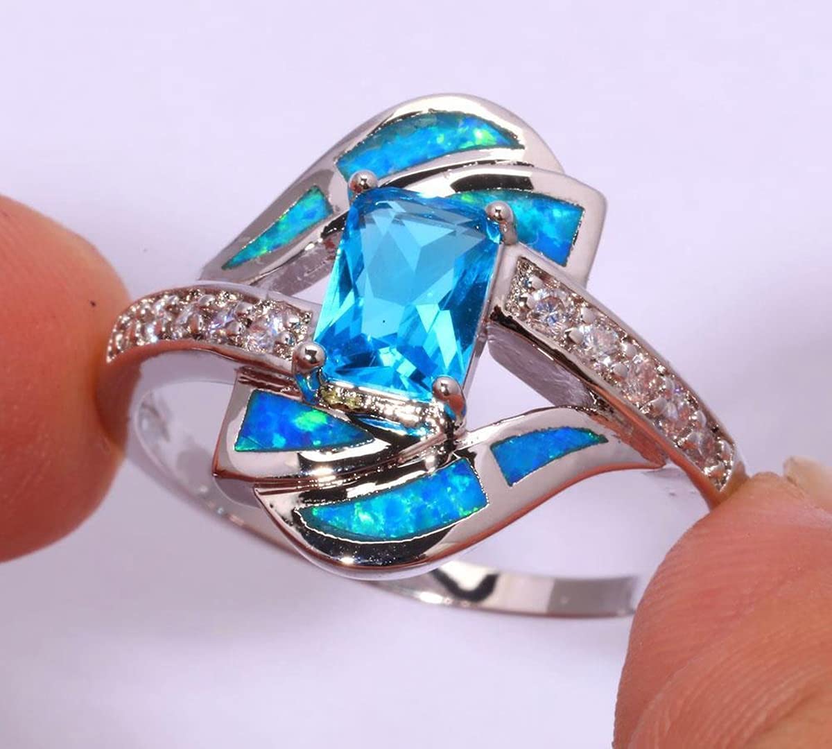 CiNily Silver Blue Fire Opal Aquamarine for Women Jewelry Gemstone Ring Size 5-12 (6)