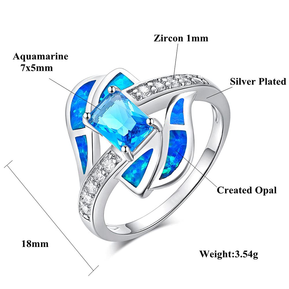 CiNily Silver Blue Fire Opal Aquamarine for Women Jewelry Gemstone Ring Size 5-12 (6)