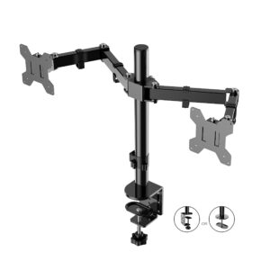 rocelco premium desk computer monitor mount - standard pattern fits 13" - 27" led lcd dual flat screen - double articulated full motion adjustable arm - grommet and c clamp - black (r dm2)