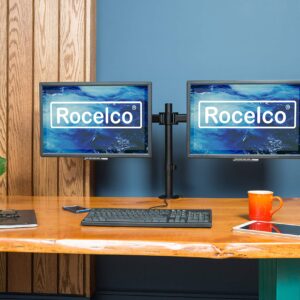 Rocelco Premium Desk Computer Monitor Mount - Standard Pattern Fits 13" - 27" LED LCD Dual Flat Screen - Double Articulated Full Motion Adjustable Arm - Grommet and C Clamp - Black (R DM2)