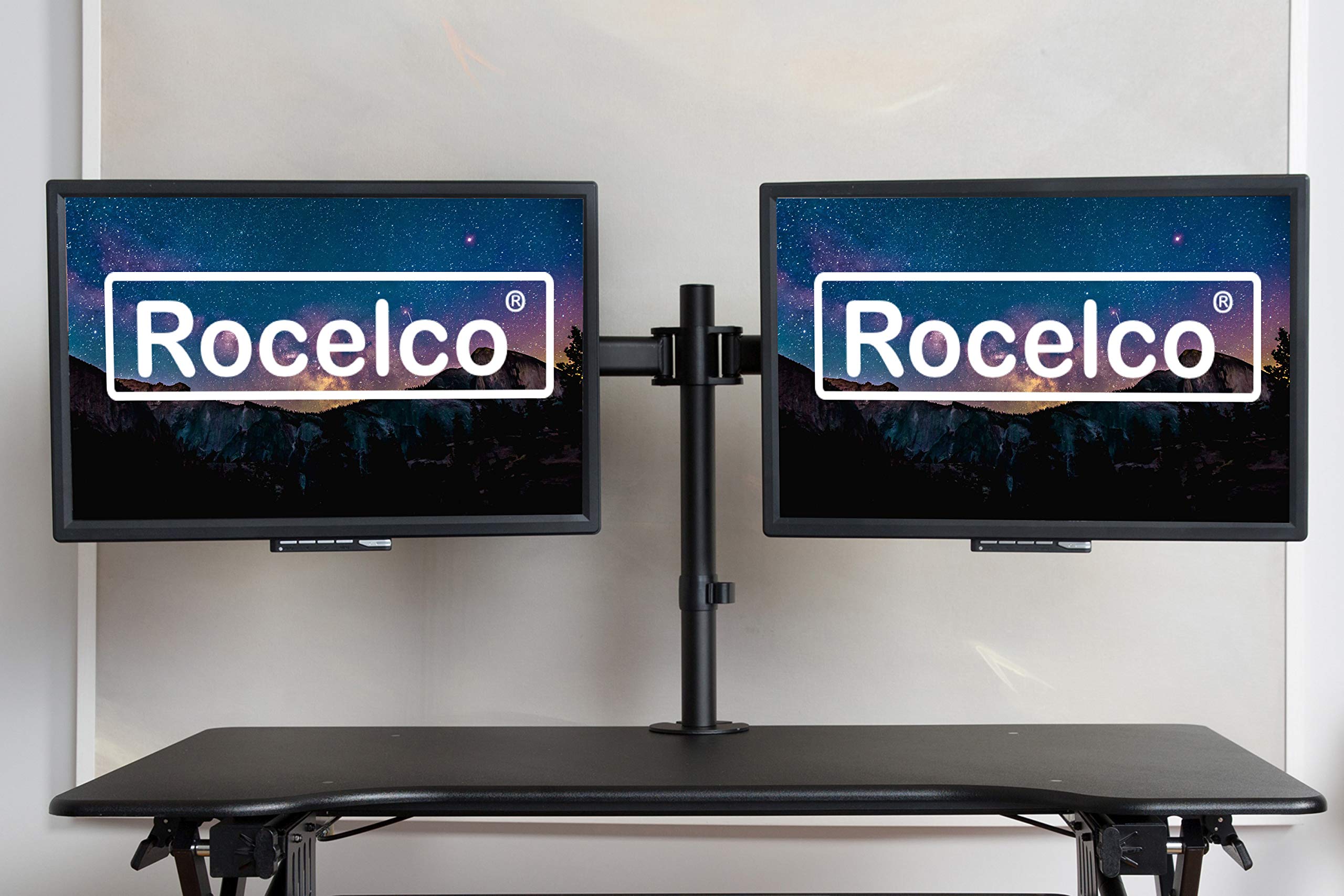 Rocelco Premium Desk Computer Monitor Mount - Standard Pattern Fits 13" - 27" LED LCD Dual Flat Screen - Double Articulated Full Motion Adjustable Arm - Grommet and C Clamp - Black (R DM2)