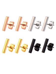 mudder 4 pairs stud earrings stainless steel line stick stud earring rectangle bar stud for men and women, 4 colors