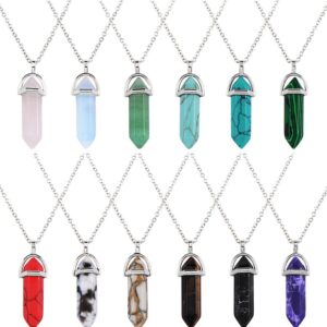 EBOOT womens 12 Pieces Hexagonal Chakra Crystal Bullet Shape Gemstone Pendant Necklaces Pointed Quartz Stone Chain Necklaces Artificial Stone with Storage Bag (Soft Color Set)