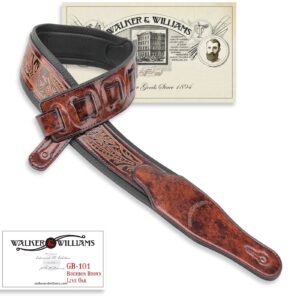 Walker & Williams GB-101 Bourbon Brown Handmade Padded Leather Strap Classic Live Oak Pattern For Acoustic, Electric, And Bass Guitars