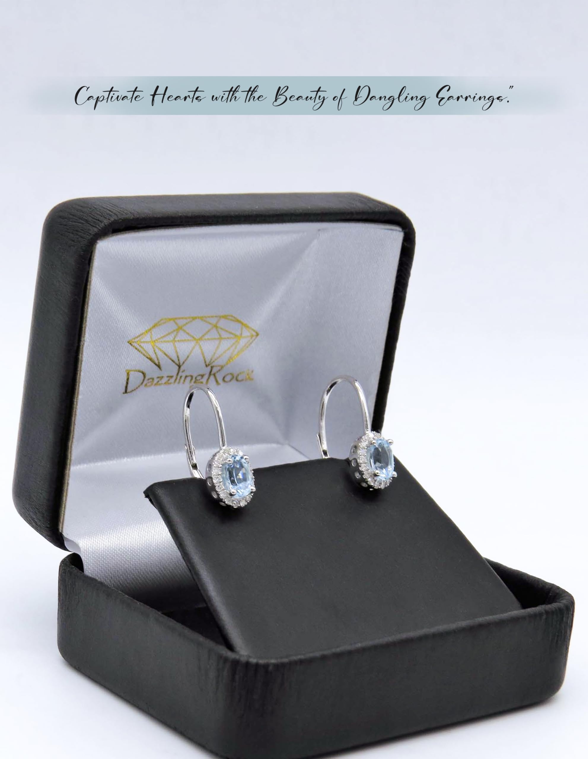 Dazzlingrock Collection 10K 6X4 MM Each Oval Cut Aquamarine & Round Cut Diamond Ladies Dangling Earrings, White Gold