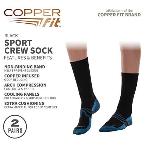 Copper Fit unisex adult Crew Sport - 2 Pack Running Socks, Black, Large-X-Large US