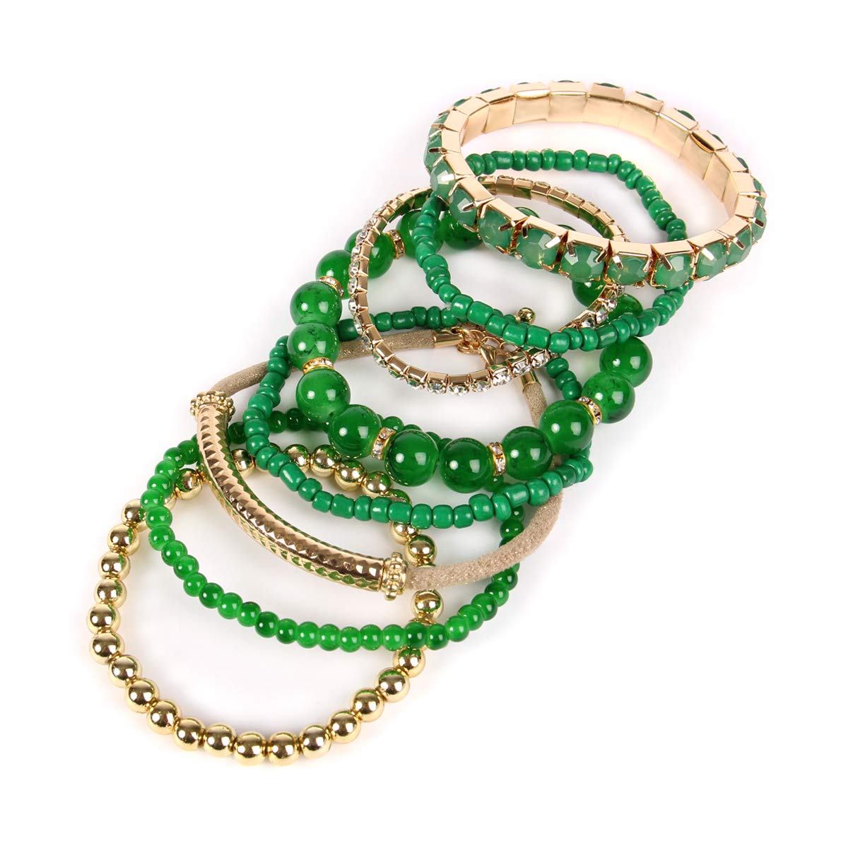 RIAH FASHION Multi Color Stretch Beaded Stackable Bracelets - Layering Bead Strand Statement Wrap Bangles (Original - Dark Green, 7.0 Inches)