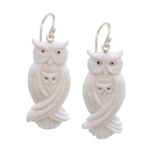 NOVICA Artisan Handcrafted .925 Sterling Silver Bone Dangle Earrings Owl Family | Handmade Artisan Earrings | Aretes de buho | Jewelry Dangle Earring | Earrings Carved Bone | Animal Themed Earrings