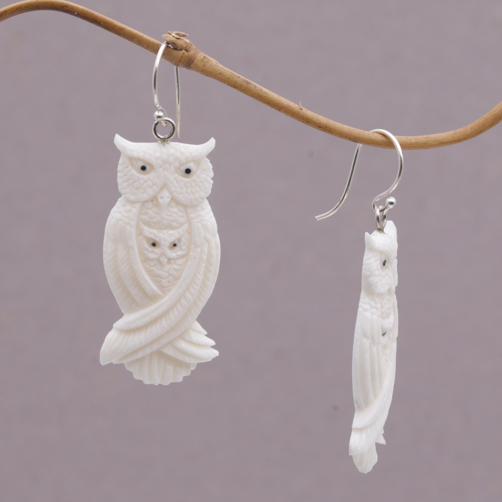 NOVICA Artisan Handcrafted .925 Sterling Silver Bone Dangle Earrings Owl Family | Handmade Artisan Earrings | Aretes de buho | Jewelry Dangle Earring | Earrings Carved Bone | Animal Themed Earrings