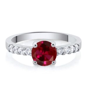 Gem Stone King Red Created Ruby Engagement Anniversary Promise Ring For Women (1.24 Cttw, Gemstone July Birthstone, Round 7MM, Available in Size 5,6,7,8,9)