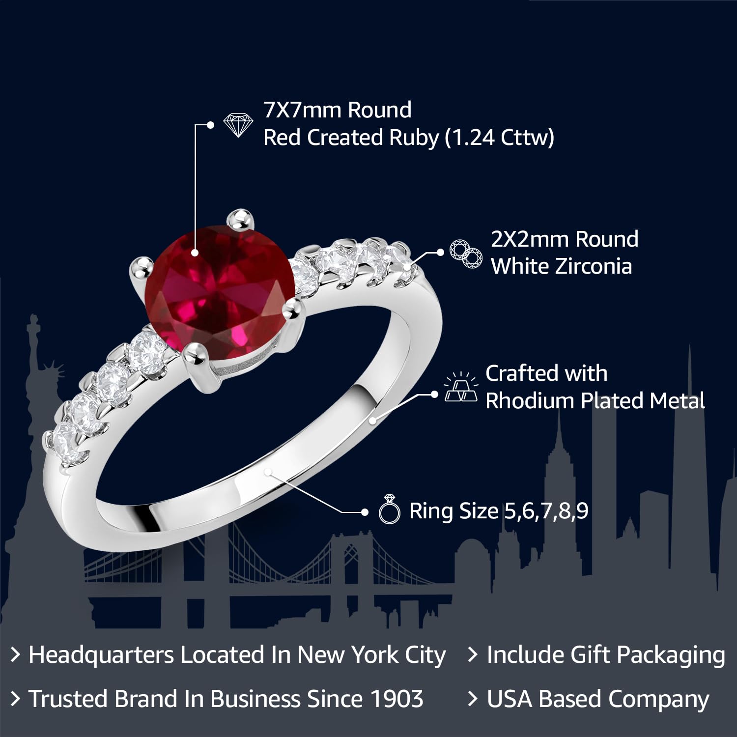 Gem Stone King Red Created Ruby Engagement Anniversary Promise Ring For Women (1.24 Cttw, Gemstone July Birthstone, Round 7MM, Available in Size 5,6,7,8,9)