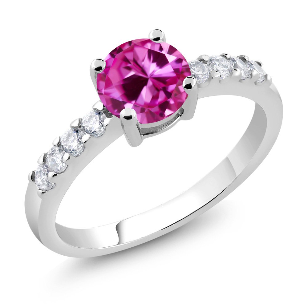 Gem Stone King Pink Created Sapphire Engagement Anniversary Promise Ring For Women (1.24 Cttw, Gemstone September Birthstone, Round 6MM, Available in Size 5,6,7,8,9)