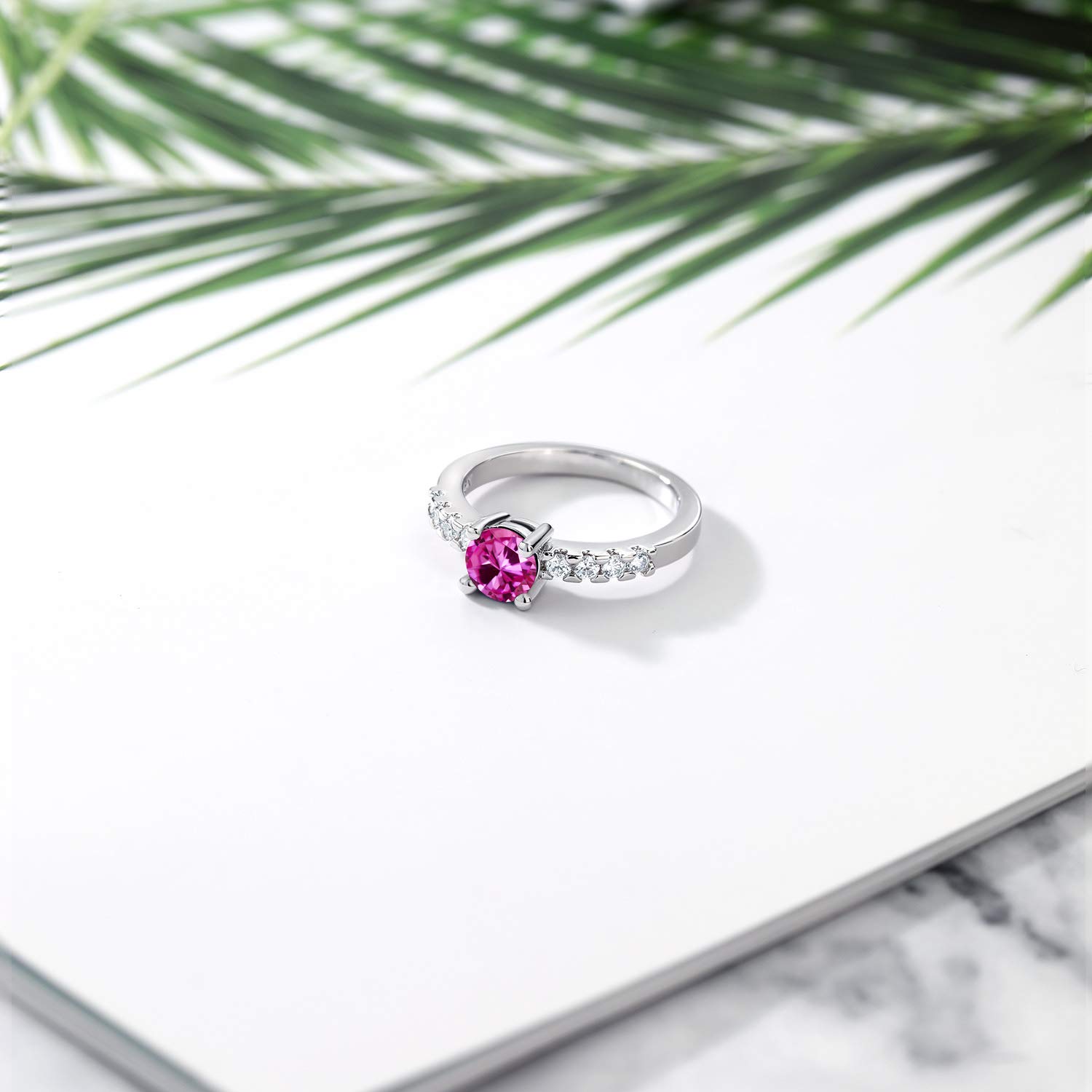 Gem Stone King Pink Created Sapphire Engagement Anniversary Promise Ring For Women (1.24 Cttw, Gemstone September Birthstone, Round 6MM, Available in Size 5,6,7,8,9)