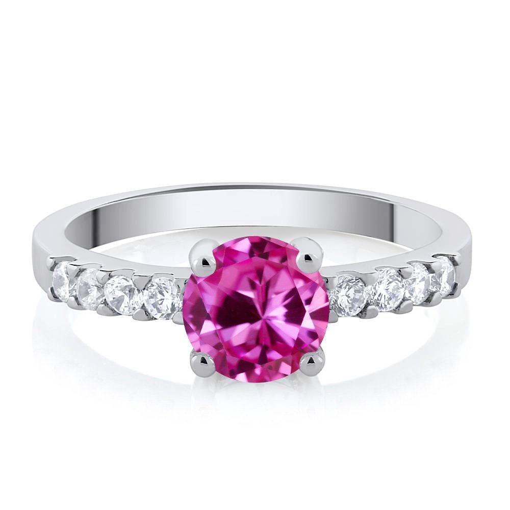 Gem Stone King Pink Created Sapphire Engagement Anniversary Promise Ring For Women (1.24 Cttw, Gemstone September Birthstone, Round 6MM, Available in Size 5,6,7,8,9)