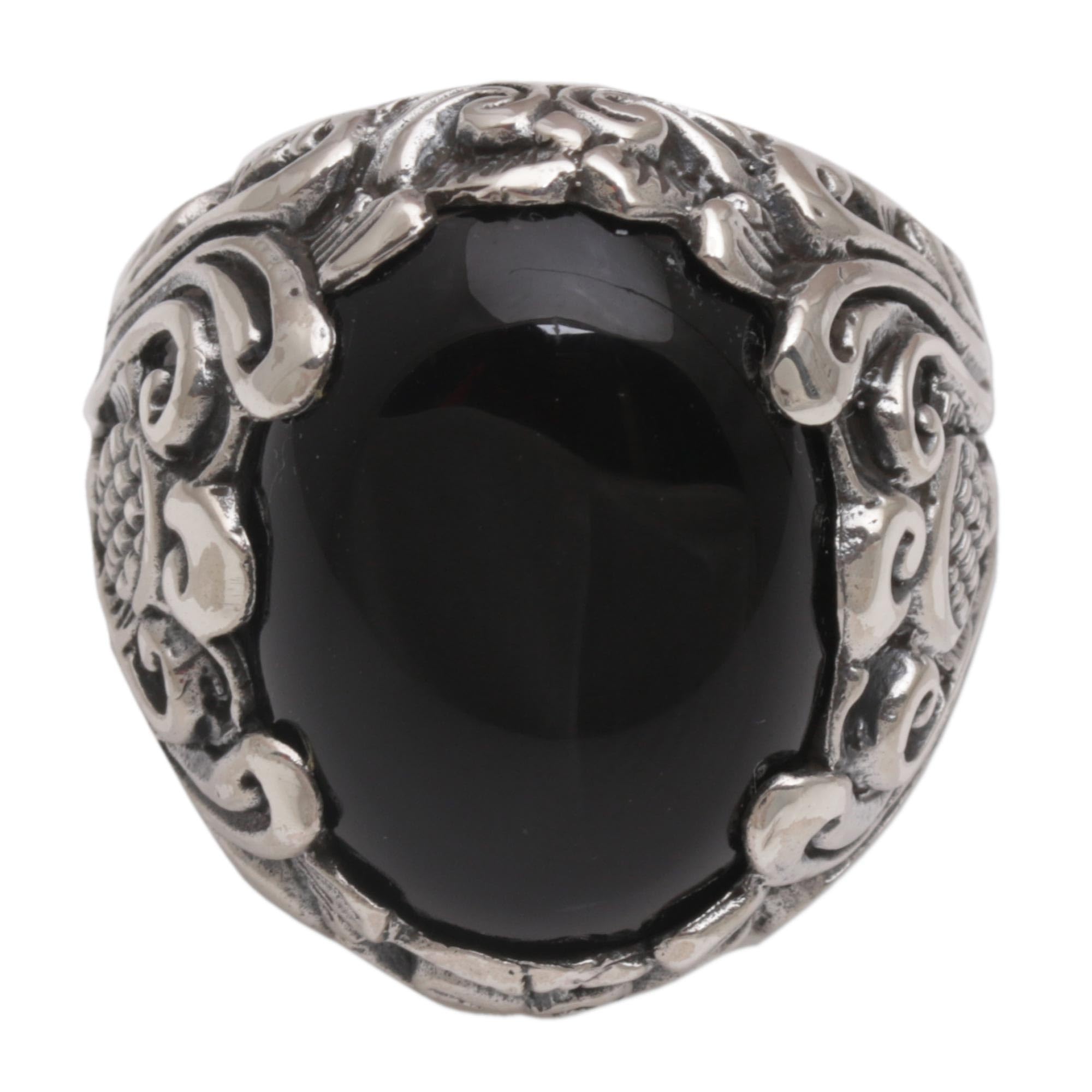 NOVICA Artisan Handmade Onyx Cocktail Ring Crafted Floral Sterling Silver Black Red Indonesia Birthstone [crownbezel 0.9 in H x 0.9 in W x 0.3 in D Band Width 5 mm W] ' Night Bloom'