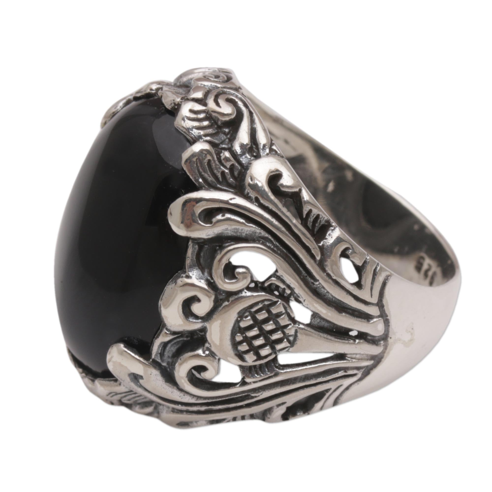 NOVICA Artisan Handmade Onyx Cocktail Ring Crafted Floral Sterling Silver Black Red Indonesia Birthstone [crownbezel 0.9 in H x 0.9 in W x 0.3 in D Band Width 5 mm W] ' Night Bloom'