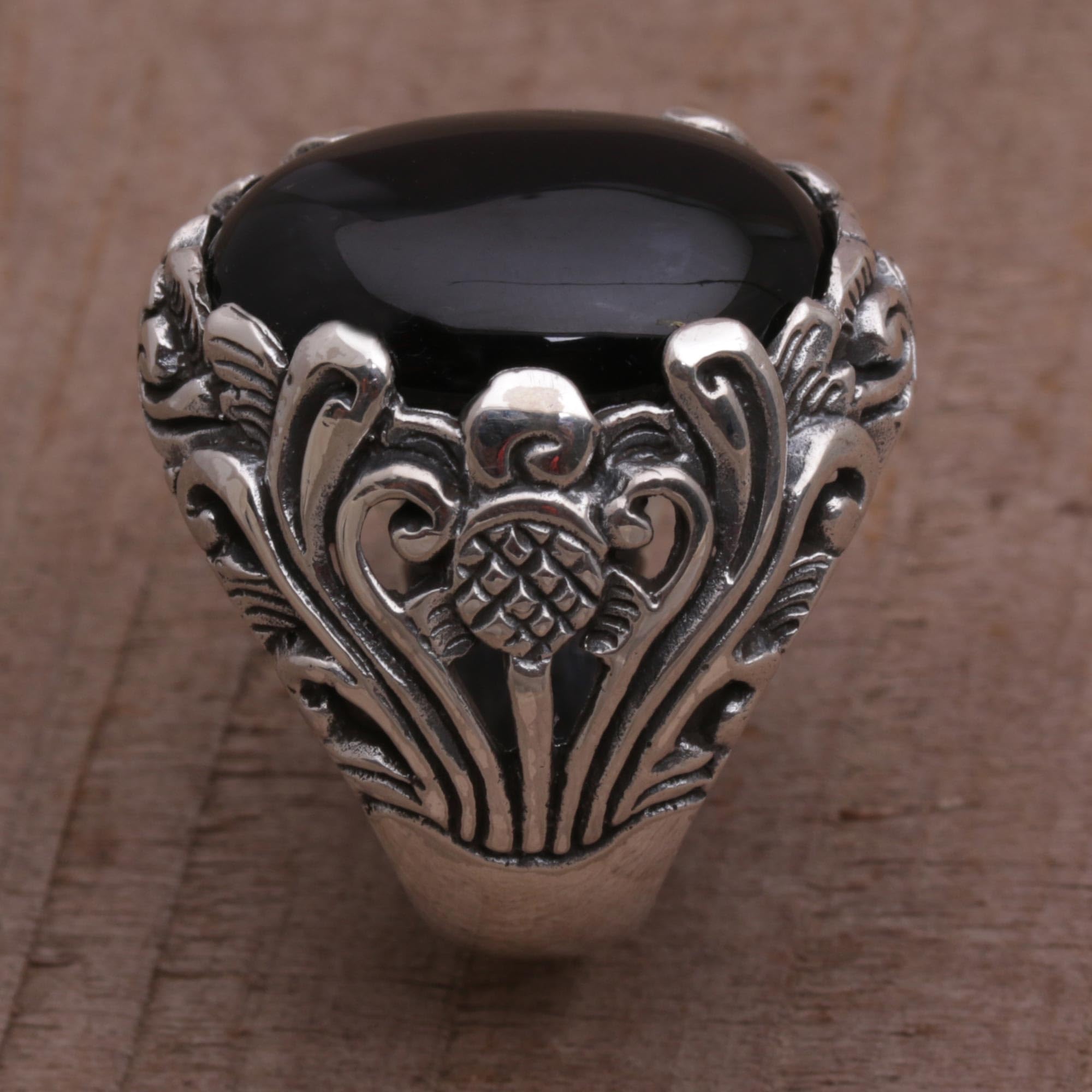 NOVICA Artisan Handmade Onyx Cocktail Ring Crafted Floral Sterling Silver Black Red Indonesia Birthstone [crownbezel 0.9 in H x 0.9 in W x 0.3 in D Band Width 5 mm W] ' Night Bloom'