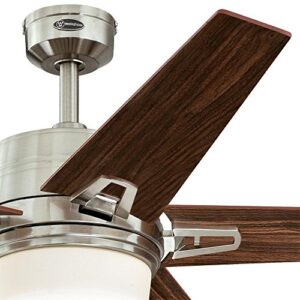 Westinghouse 7204600 Brushed Nickel, Remote Control Included Zephyr 56-inch Indoor Ceiling Fan, Dimmable LED Light Kit with Opal Frosted Glass