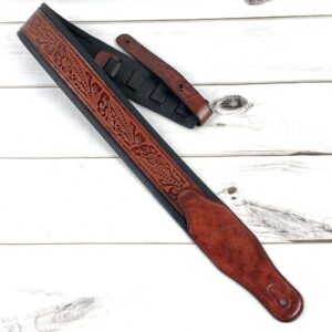 Walker & Williams GB-106 Bourbon Red Brushed Finish Guitar Strap With Padded Glove Leather Back And Classic Live Oak Pattern For Acoustic, Electric, And Bass Guitars