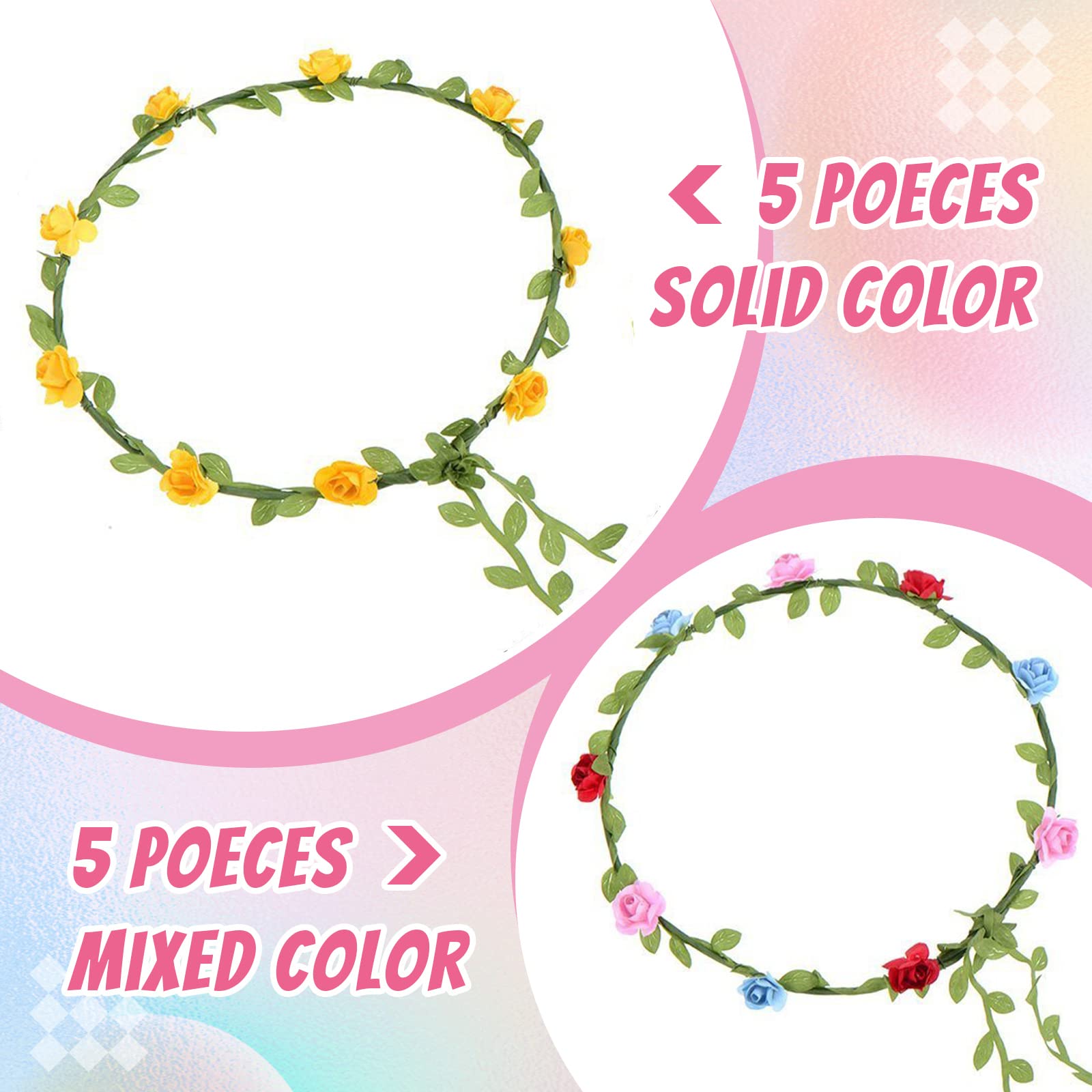 eBoot 10 Pieces Multicolor Flower Crown Floral Wreath Headband Floral Garland Headbands for Festival Wedding Party