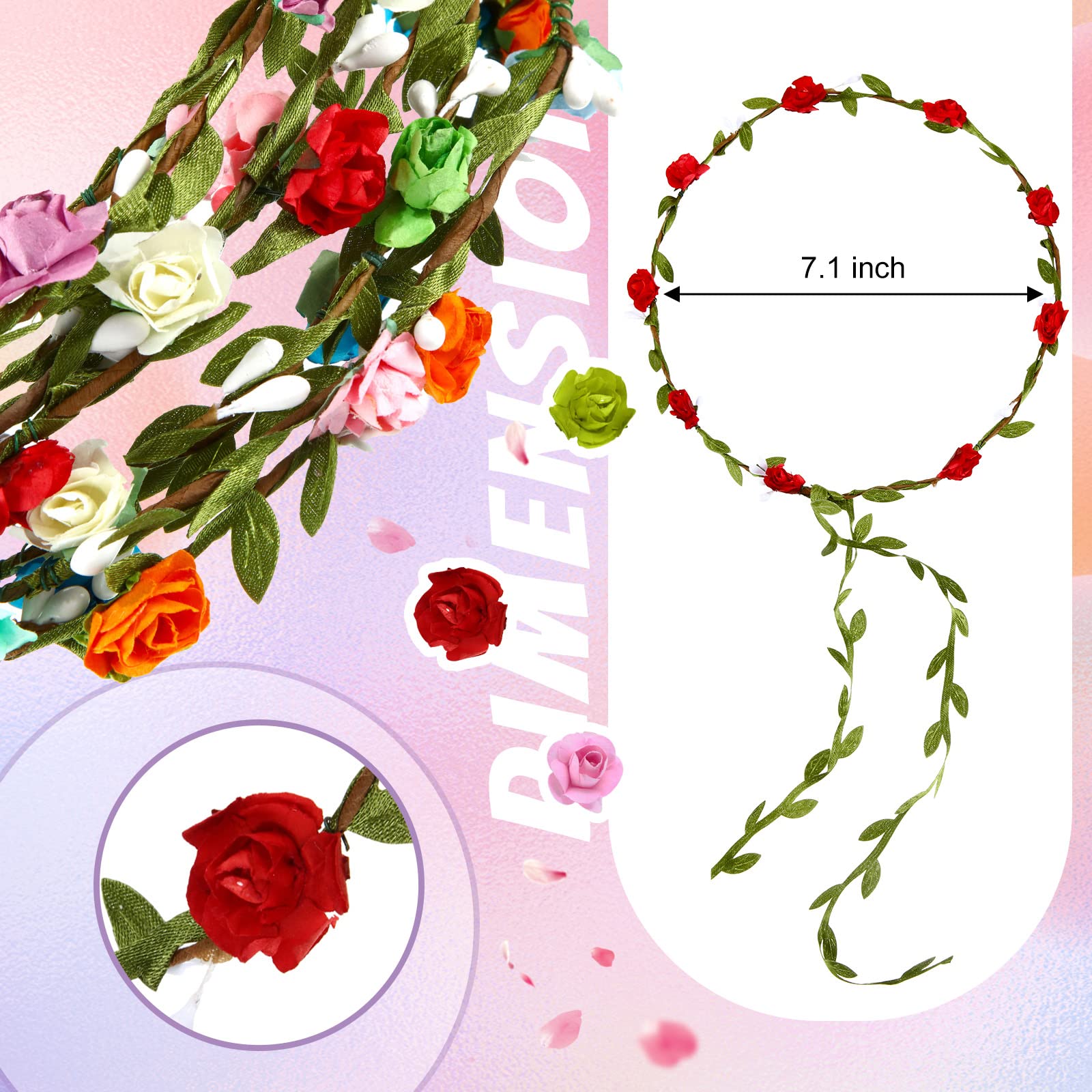 eBoot 10 Pieces Multicolor Flower Crown Floral Wreath Headband Floral Garland Headbands for Festival Wedding Party