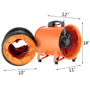 VEVOR 10 Inch Portable Ventilator Fan, High Velocity, Low Noise, 2700m3/h Air Flow, 320W Power, 295Pa Pressure, with 5M Duct Hose, Orange