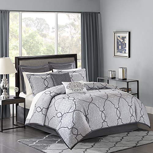 Madison Park Lavine Cozy Bed in a Bag Comforter Set, Traditional Luxe Jacquard Design All Season Down Alternative Bedding with Cotton Bed Sheets, Bed Skirt & Pillows, Queen Silver 12 Piece