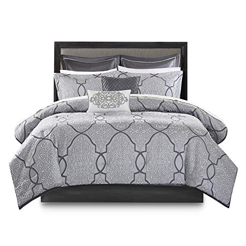 Madison Park Lavine Cozy Bed in a Bag Comforter Set, Traditional Luxe Jacquard Design All Season Down Alternative Bedding with Cotton Bed Sheets, Bed Skirt & Pillows, Queen Silver 12 Piece