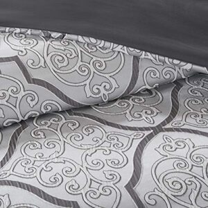 Madison Park Lavine Cozy Bed in a Bag Comforter Set, Traditional Luxe Jacquard Design All Season Down Alternative Bedding with Cotton Bed Sheets, Bed Skirt & Pillows, Queen Silver 12 Piece