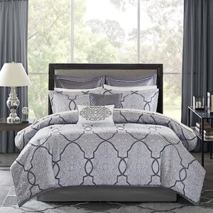 Madison Park Lavine Cozy Bed in a Bag Comforter Set, Traditional Luxe Jacquard Design All Season Down Alternative Bedding with Cotton Bed Sheets, Bed Skirt & Pillows, Queen Silver 12 Piece