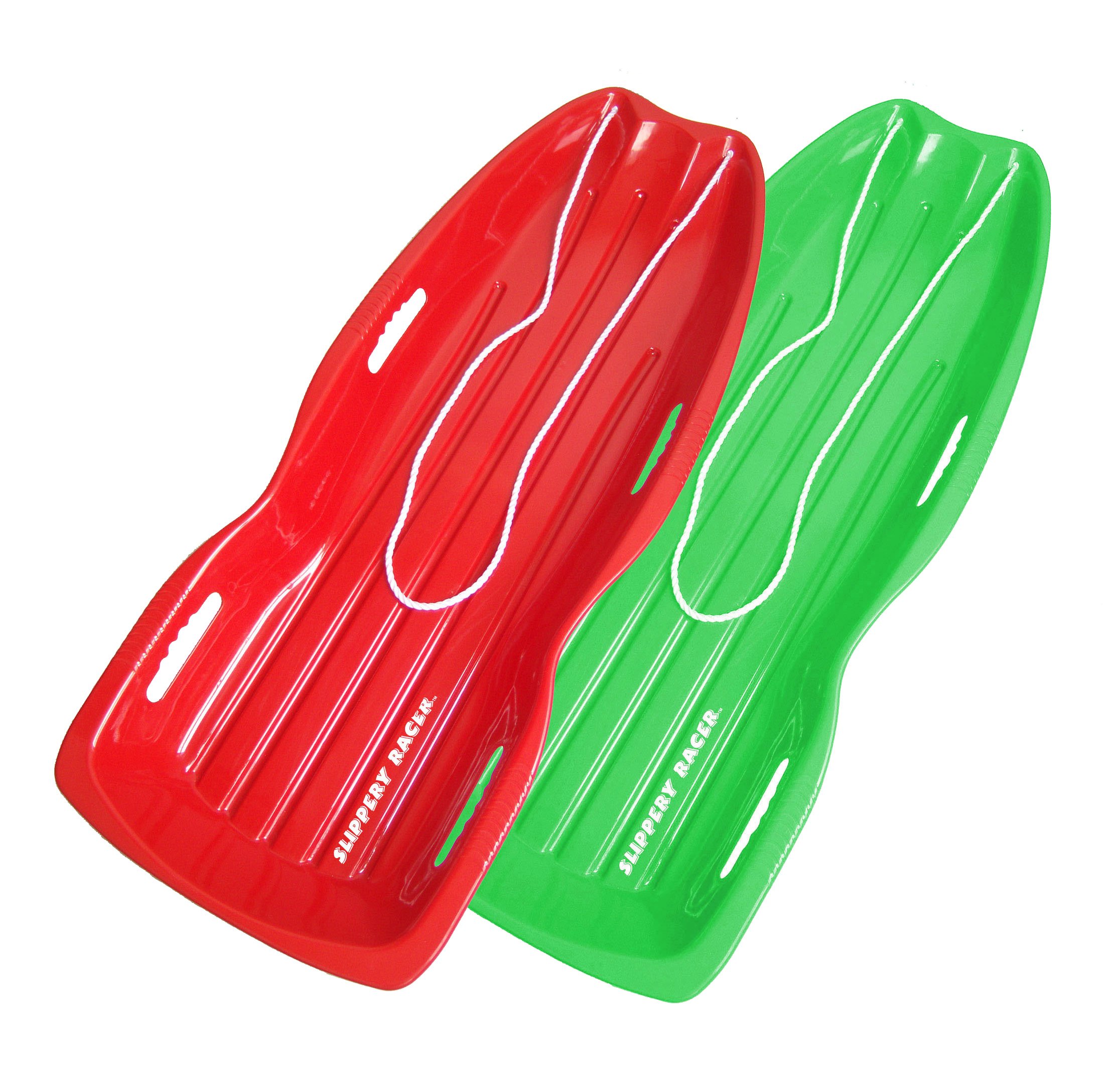 Slippery Racer Downhill Xtreme Flexible Adults and Kids Plastic Toboggan Snow Sled for Up to 2 Riders with Pull Rope, (2 Pack) (Red/Green)