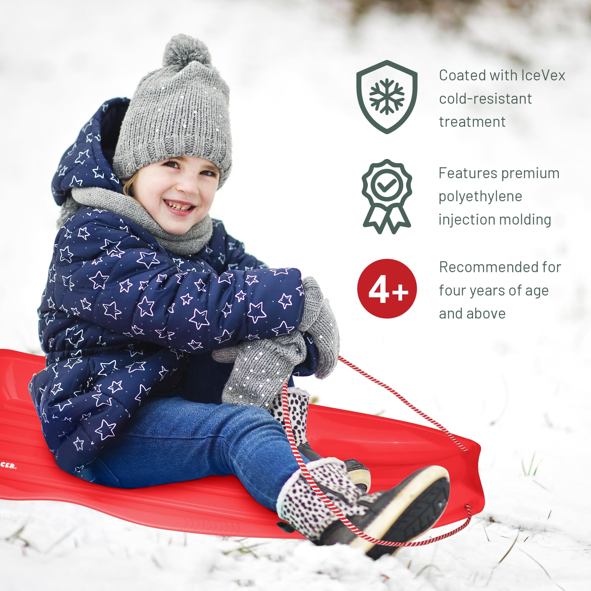 Slippery Racer Downhill Xtreme Flexible Adults and Kids Plastic Toboggan Snow Sled for Up to 2 Riders with Pull Rope, (2 Pack) (Red/Green)