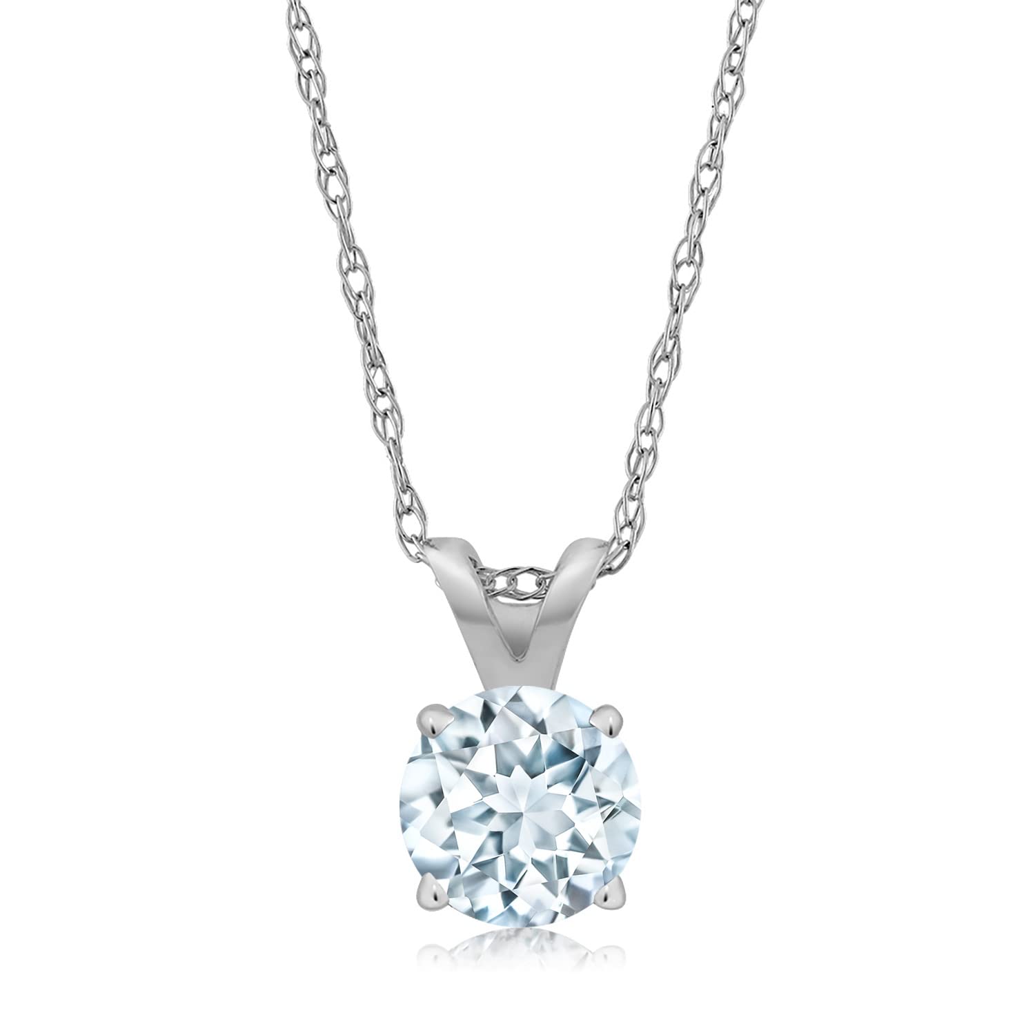 Gem Stone King 14K White Gold Sky Blue Aquamarine Solitaire Pendant Necklace For Women (0.25 Cttw, Gemstone March Birthstone, Round 4MM, with 18 inch Chain)