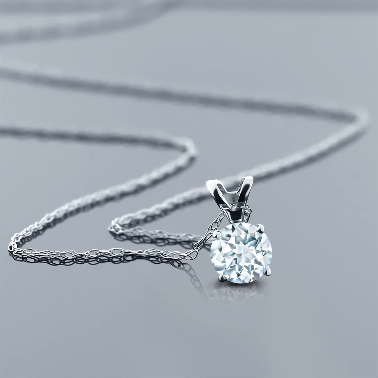 Gem Stone King 14K White Gold Sky Blue Aquamarine Solitaire Pendant Necklace For Women (0.25 Cttw, Gemstone March Birthstone, Round 4MM, with 18 inch Chain)