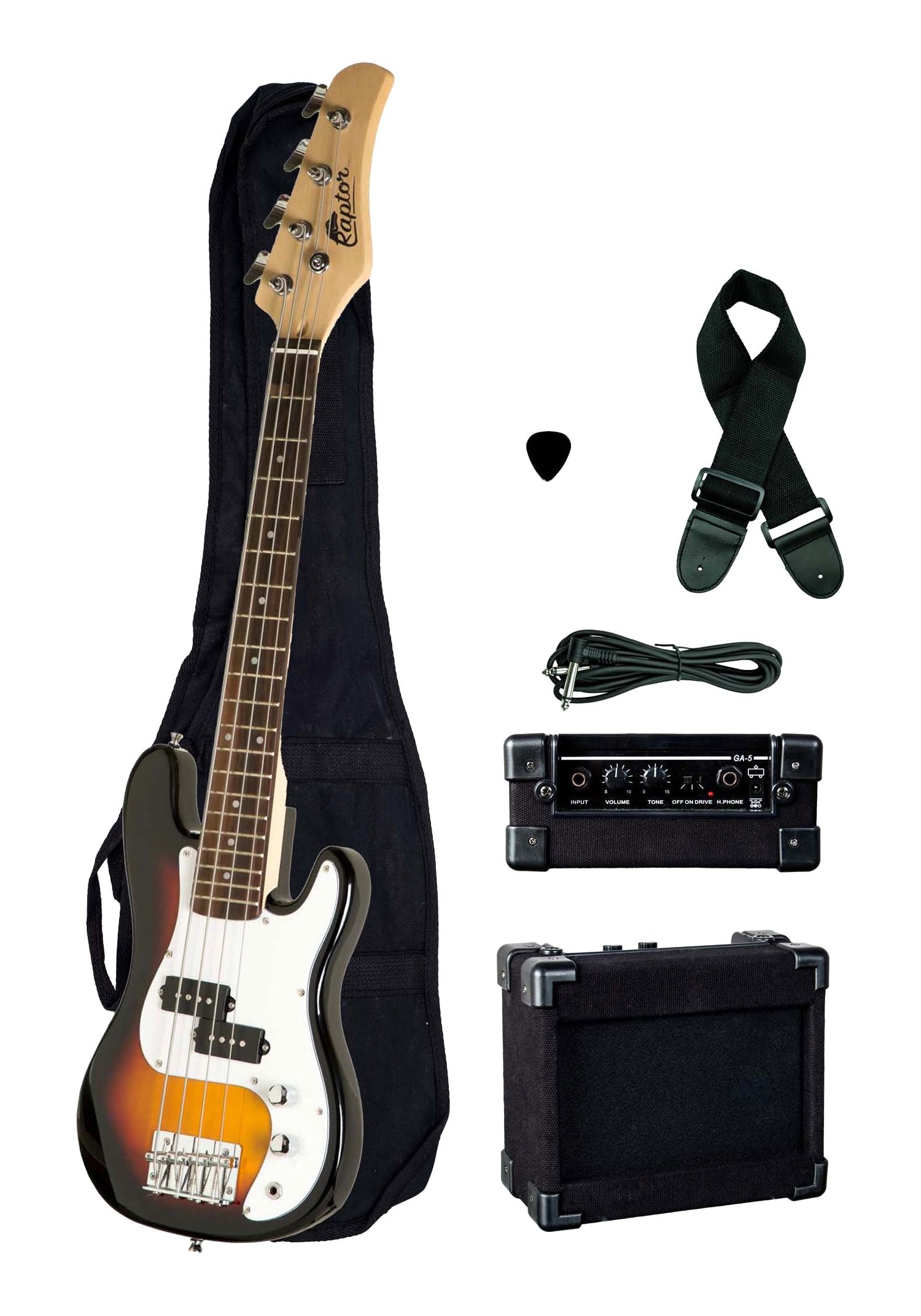 Raptor EB38CO-TS 3/4 Size Kids Junior 4 String Electric P Bass Package, Tobacco-Burst with Gig Bag, Strap, Cable, Pick, 5 W amp, 38" L