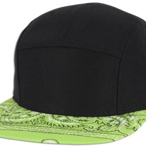 Bandana Brim Paisley Money Camouflage Camper 5 Panel Strapback Buckle Hat Cap (Black/Lime Green Aisley)