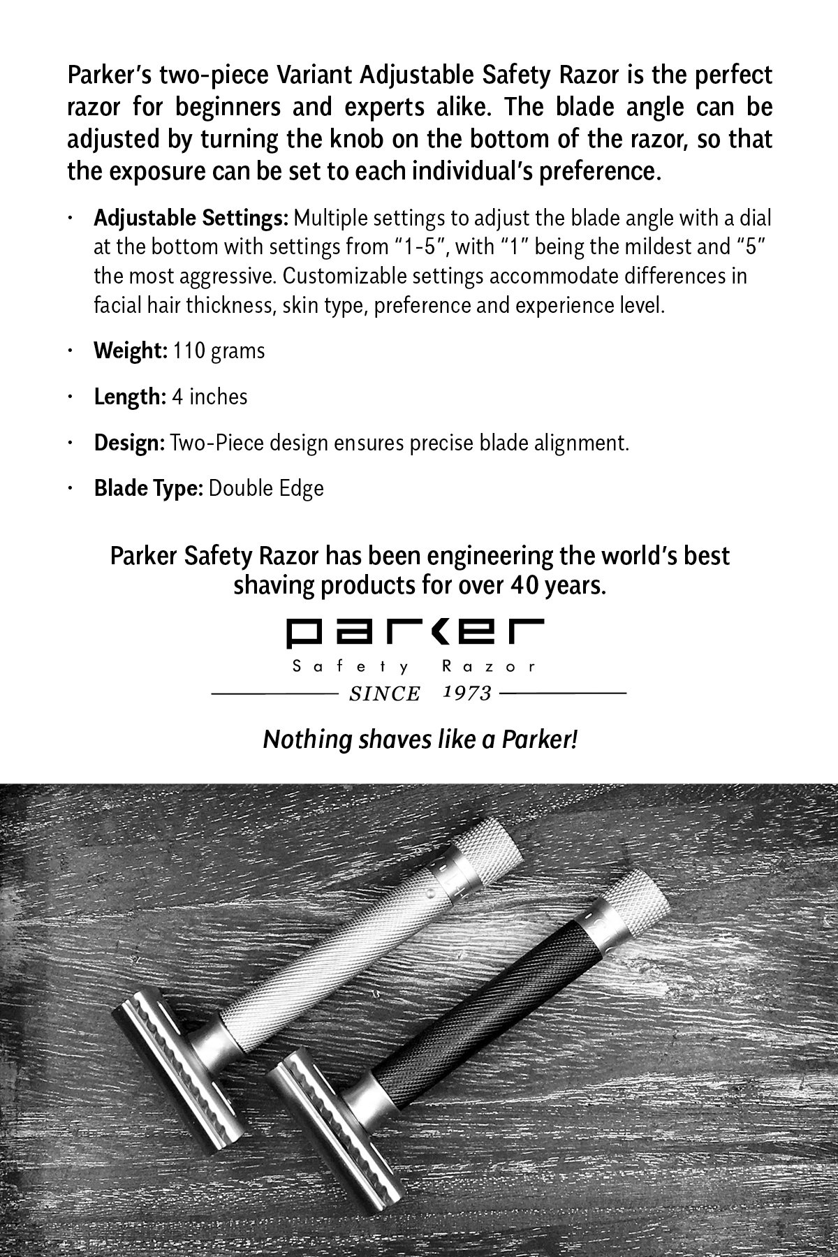 The Parker Variant ADJUSTABLE Double Edge Safety Razor, Customize your Shave with a Turn of the Dial from Mild to Aggressive - 5 Blades Included (SATIN CHROME)