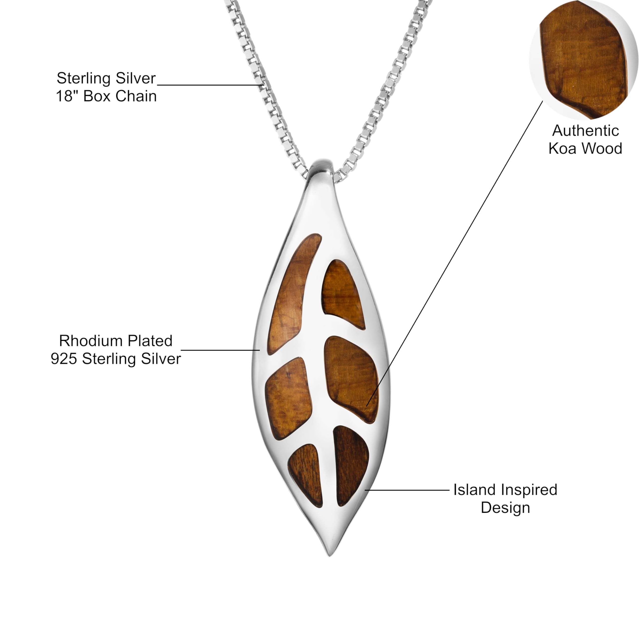 Sterling Silver Koa Wood Maile Leaf Necklace Pendant with 18" Box Chain, Nickel Free Hypoallergenic for Sensitive Skin, Gift Box Included - Jewelry Gifts for Women Wife Mom Daughter