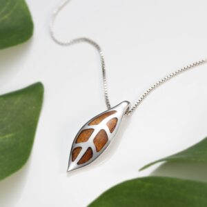 Sterling Silver Koa Wood Maile Leaf Necklace Pendant with 18" Box Chain, Nickel Free Hypoallergenic for Sensitive Skin, Gift Box Included - Jewelry Gifts for Women Wife Mom Daughter