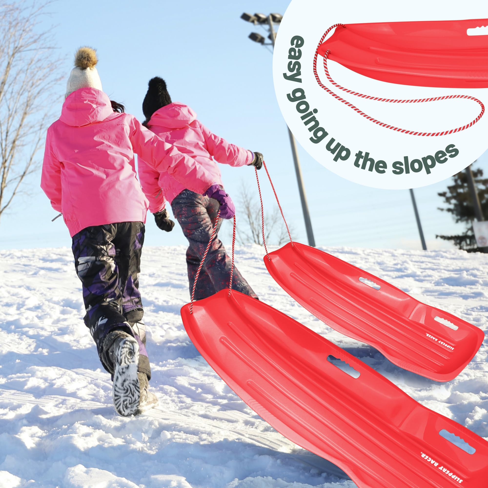 Slippery Racer Downhill Xtreme Flexible Adults and Kids Plastic Toboggan Snow Sled for Up to 2 Riders with Pull Rope, (2 Pack) (Red/Red)