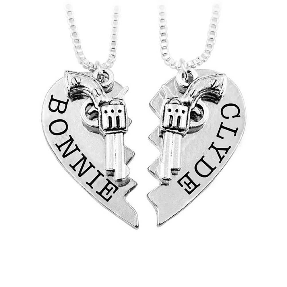 Meiligo® Womens Mens Alloy Hip-hop Bonnie Clyde Letter Machine Gun Necklace Key Chain Hand Gun Revolver Pistol Pendant Matching Heart Jewelry (Necklace - Silver(2pcs))