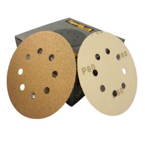 tigershark 5 inch sanding discs 8 hole grit 60 50pcs pack special anti clog coatin paper gold line hook and loop dustless random orbital sander paper coarse