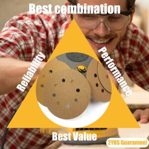 TigerShark 5 Inch Sanding Discs 8 Hole Grit 60 50pcs Pack Special Anti Clog Coatin Paper Gold Line Hook and Loop Dustless Random Orbital Sander Paper Coarse