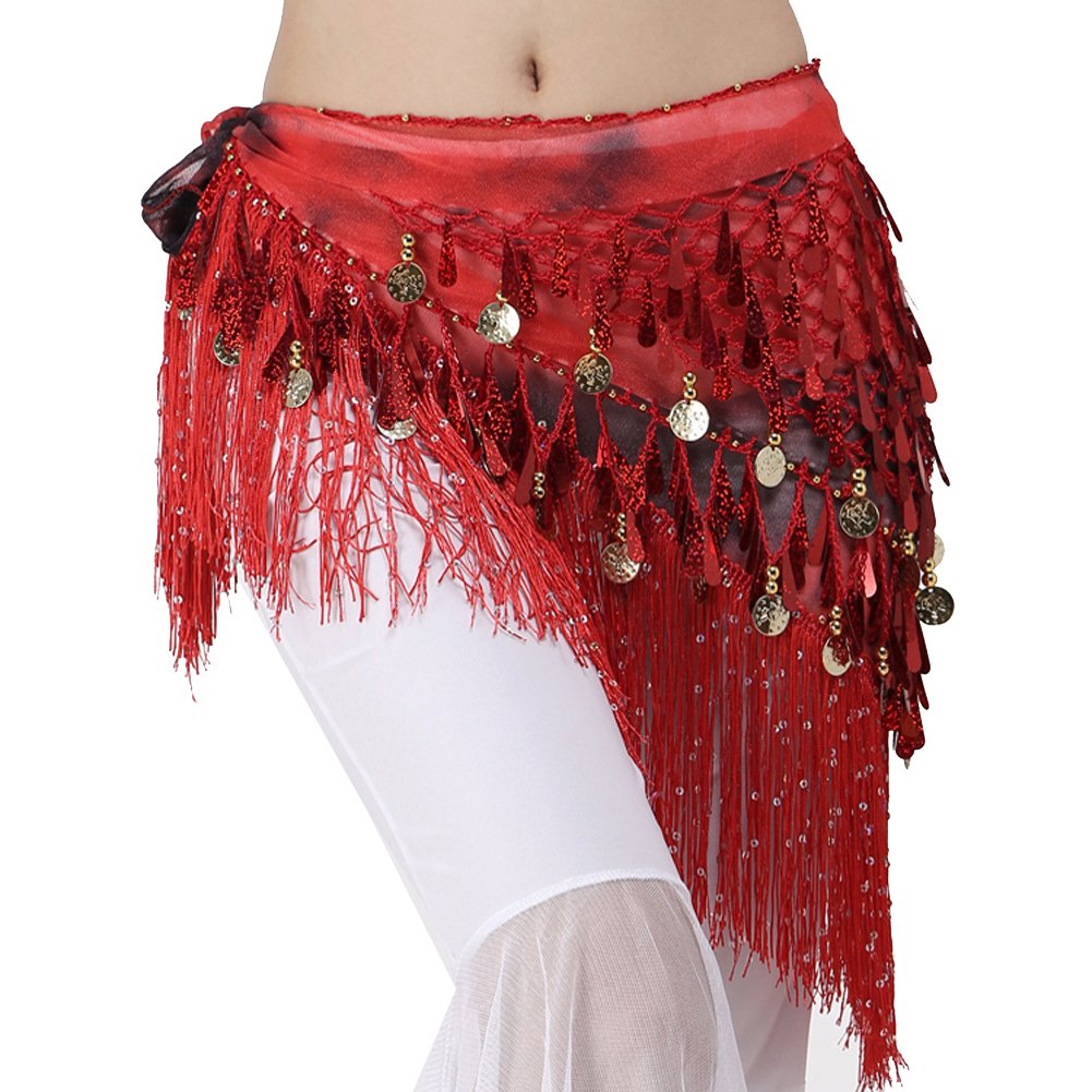 MUNAFIE Belly Dancing Belt Colorful Waist Chain Belly Dance Hip Scarf Belt Triangle Skirt (Red)