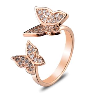 mettu double butterfly finger rings open adjustable cubic zirconia ring for women (rose gold)