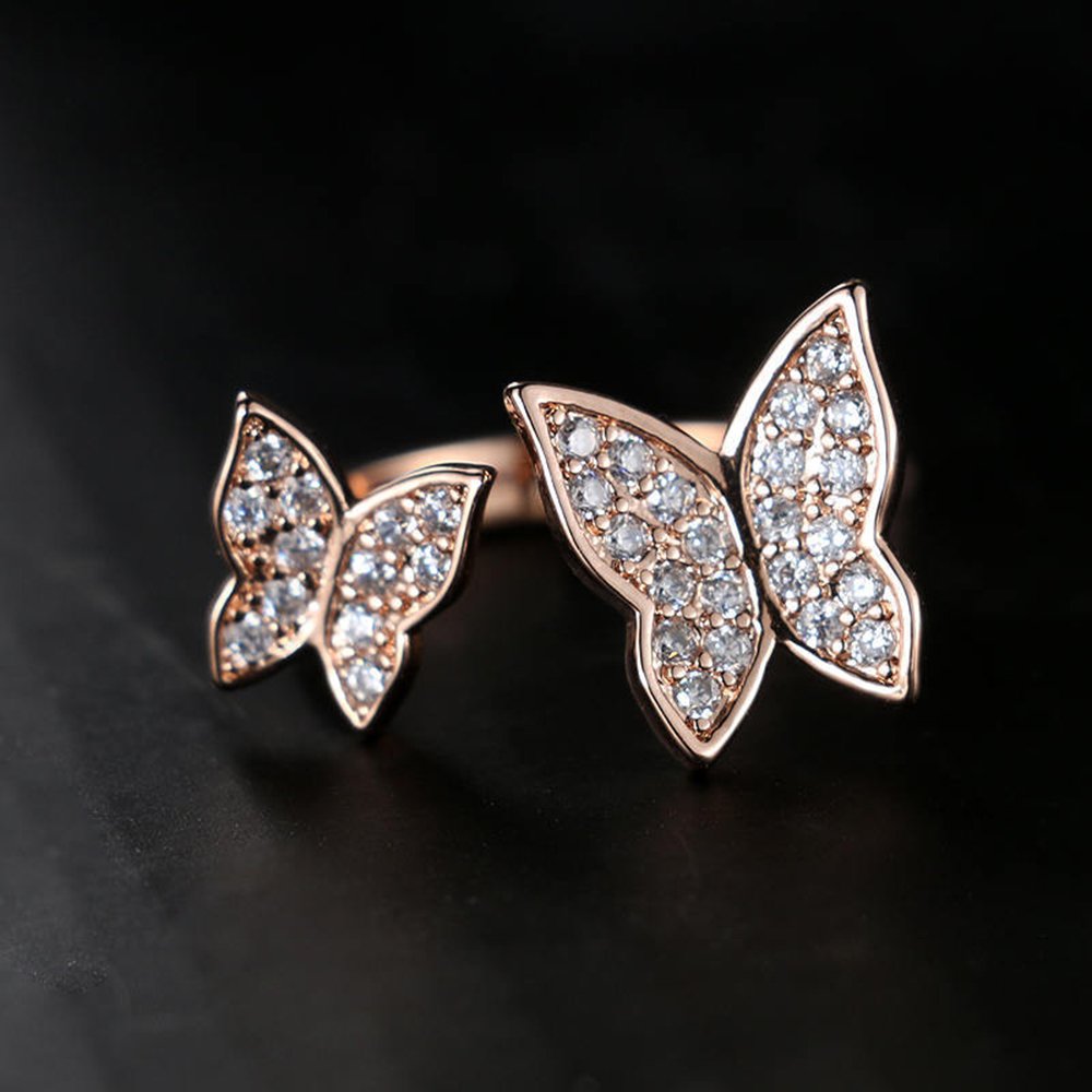 METTU Double Butterfly Finger Rings Open Adjustable Cubic Zirconia Ring for Women (Rose Gold)